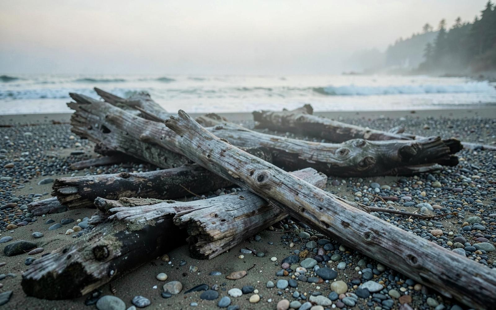 Weathered driftwood on a quiet Pacific Northwest pebble beach at dawn