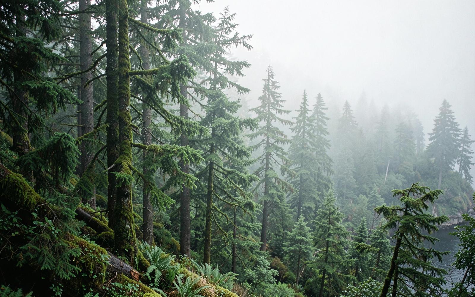 Misty coastal rainforest of fir and moss on Vancouver Island
